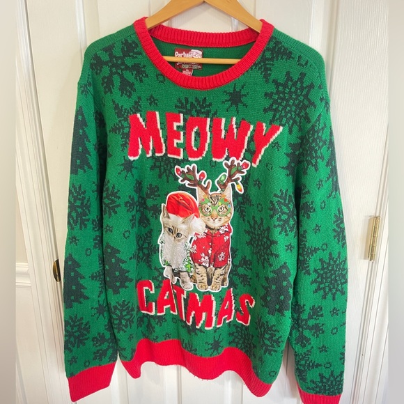 Party Ugly Christmas Sweater  XLarge Kitty Meow Green Red Knit Pullover Adult - Picture 1 of 5